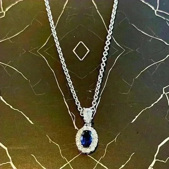 Genevive .925 Sterling Silver 18” Necklace w/Pendant CZ Cobalt Stones - Picture 1 of 4